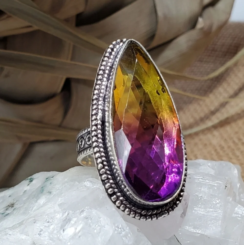 LARGE AMETRIN STONE  Rhodium/925 Silver Bohemian Ring Artisan Vintage Jewelry